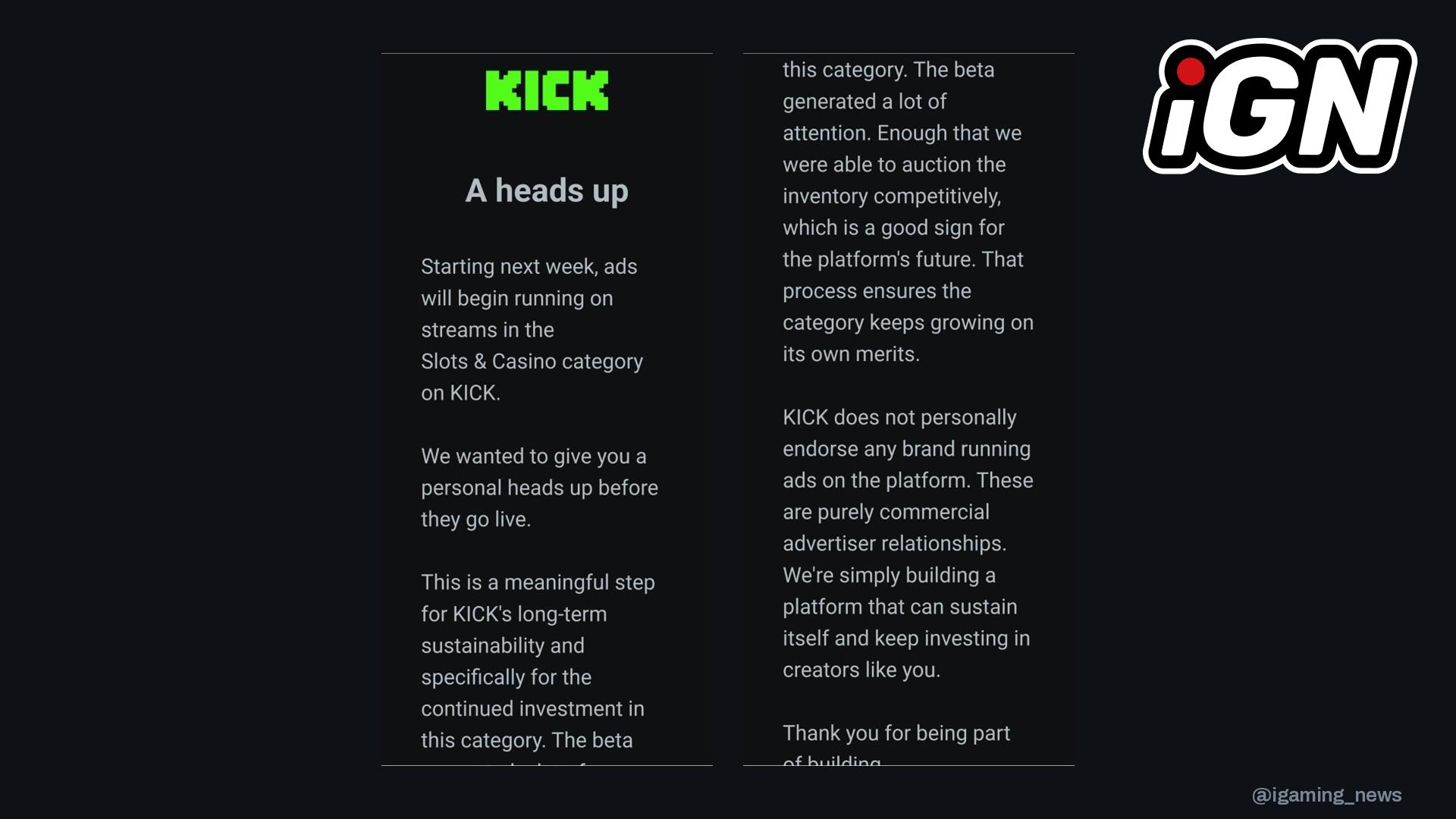Kick Streaming Platform Launches Slots & Casino Ads